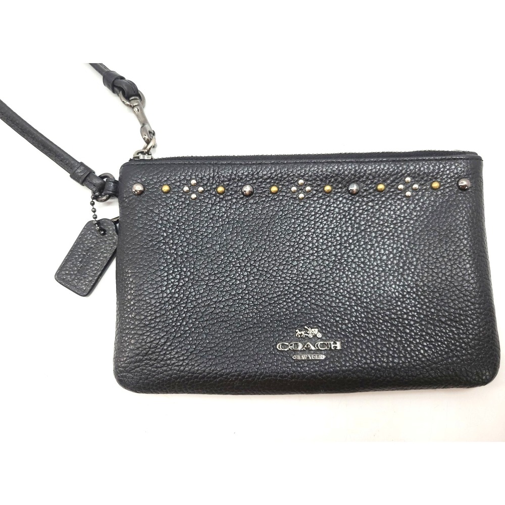 Coach Black Pebbled Leather Studded Wristlet‎ Clutch - Picture 2 of 10